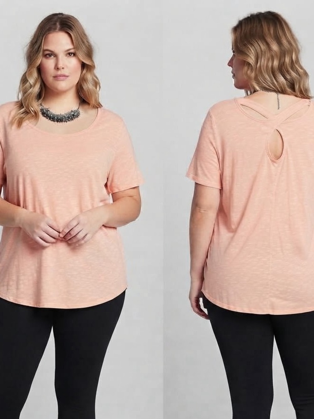 😍CLEARANCE - NATURAL REFLECTIONS Peach Short-Sleeve Tee Twisted Keyhole Back 1X